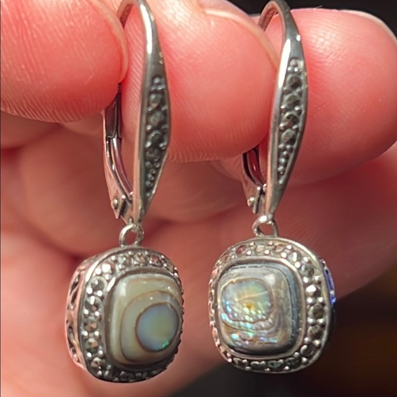 Vintage RJ Signed 925 Sterling Silver Abalone Marcasite Dangle Earrings - Picture 1 of 6